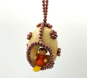 Vintage Eggshell Diorama Christmas Ornament Beaded Flocked Handcrafted 1950s MCM - Picture 1 of 7