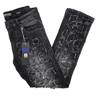 Black Light Men Jean Stretch Slim Straight Flare Fit Black Denim with Rhinestone - Image 1 of 4