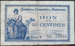 Billet 50 centimes chambre de commerce de NARBONNE 1916 nécessité série G - Picture 1 of 2