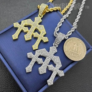 Triple Cross CZ Religious Iced Pendant & 24" Rope Chain Hip Hop Fashion Necklace - Picture 1 of 10