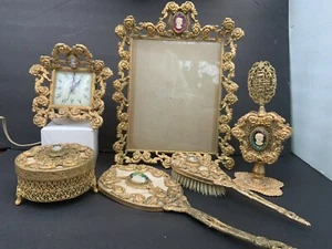 ANTIQUE GUILD CREST VANITY / DRESSER CLOCK PICTURE FRAME 8 PIECE CAMEO SET - Picture 1 of 12