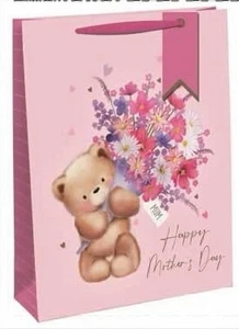 MOTHER'S DAY CUTE BEAR PINK FLORAL GIFT BAG LARGE  (LARGE 265 x 330 x 140 mm - Picture 1 of 1