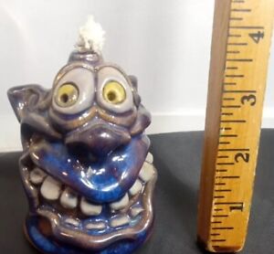 Phelps Art Pottery Grotesque Ugly Face BLUE Signed  Buck Teeth MONSTER OIL LAMP
