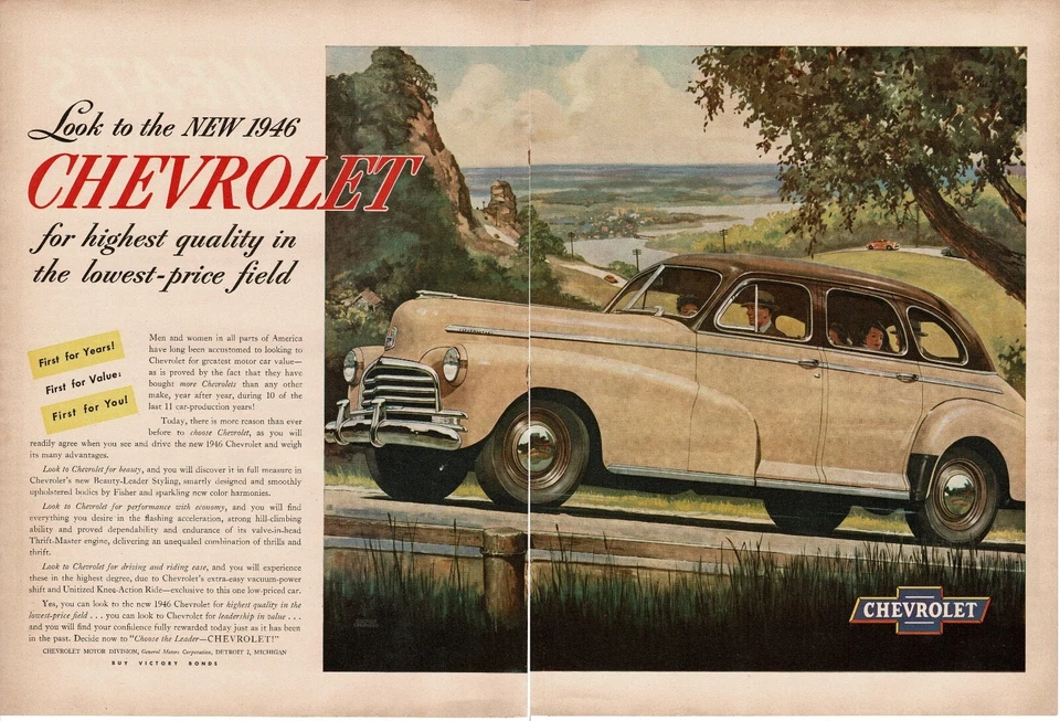 1946 Chevrolet Stylemaster 2-tone Cream Brown 4-Door Sedan Centerfold Print Ad - Image 1 of 1