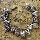 AMAZING! Vintage Antique Sterling Silver 14 Puffy Heart Charm Bracelet