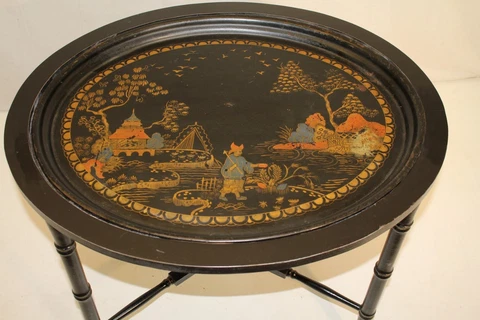 Hand painted Black Oval Side End Coffee Table, Oriental Cover