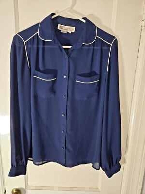 PIERRE BALMAIN Paris Vintage Blue Sheer Long Sleeve Button Up Blouse Sz 10 - Image 1 of 4