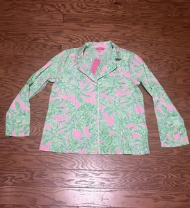 Lilly Pulitzer Women's Pink Sand Paradise Long Sleeve Pj Woven Pajama Top, Sz L - Picture 1 of 5