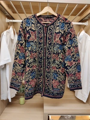 VINTAGE UK 14 MULTI CARDIGAN JUMPER BUTTON UP CASUAL TAPESTRY LOOK KNIT WOMENS - Image 1 of 4