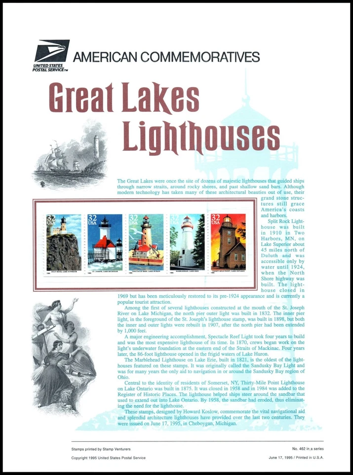 1995 Great Lakes Lighthouses CP465 commemorative panel 462 MNH Sc 2973a - Image 1 of 1