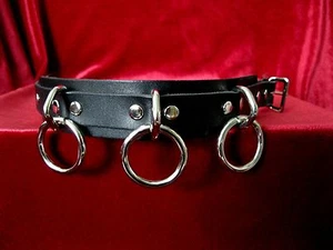 Black Leather Bondage Collar Choker w/ 3 Heavy Rings Cosplay Fetish Club Wear - Picture 1 of 4
