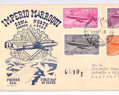 Spain Cols MOROCCO MARRUECOS 1956 FDC Air Set ILLUSTRATED First Day Cover YT309 - Image 1 of 4