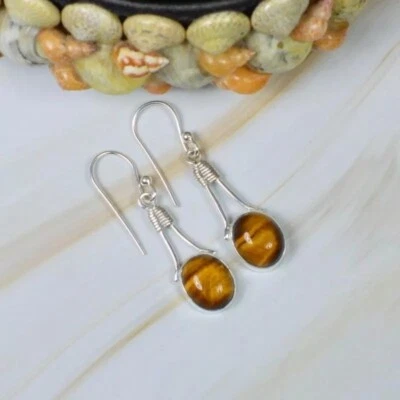 Orecchini In Pietra Naturale Occhio Di Tigre In Argento Sterling 925 Per Donne - Immagine 1 di 4