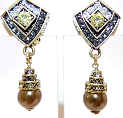 AMAZING Heidi Daus Modern PEARL SWAROVSKI Crystal BRONZE TONE CLIP ON EARRINGS - Image 1 of 4