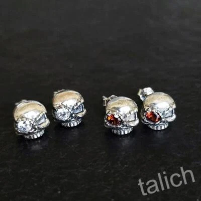 925 Sterling Silver Skull Stud Earrings Clear or Red CZ Single Eye Gothic Unique - Image 1 of 4