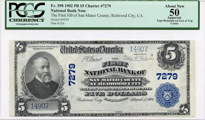 1902 $5 First NB of San Mateo County, Redwood City, CA Banknote PCGS AU-50 App. - Image 1 of 2