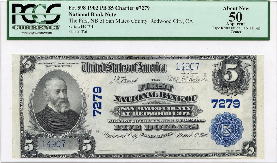 1902 $5 First NB of San Mateo County, Redwood City, CA Banknote PCGS AU-50 App. - Image 1 of 2
