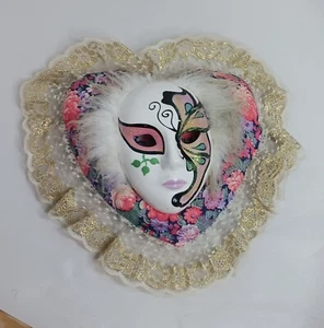 Vintage Mardi Gras Clay Art Porcelain Mask Wall Decor Clown Jester Heart - Picture 1 of 7
