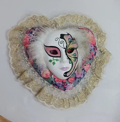 Vintage Mardi Gras Clay Art Porcelain Mask Wall Decor Clown Jester Heart - Image 1 of 4