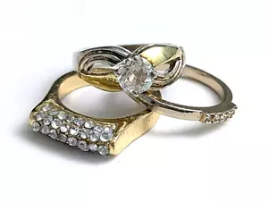Gold Tone Rhinestone Fashion Ring Lot Dainty Engagement Solitaire Pave Stacking - Picture 1 of 16