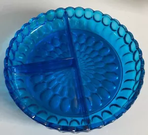 Vintage Kobaltblau Geteilt Glas Daumenabdruck Relish Tablett oder Süßigkeitenschale 8 1/4" - Bild 1 von 7
