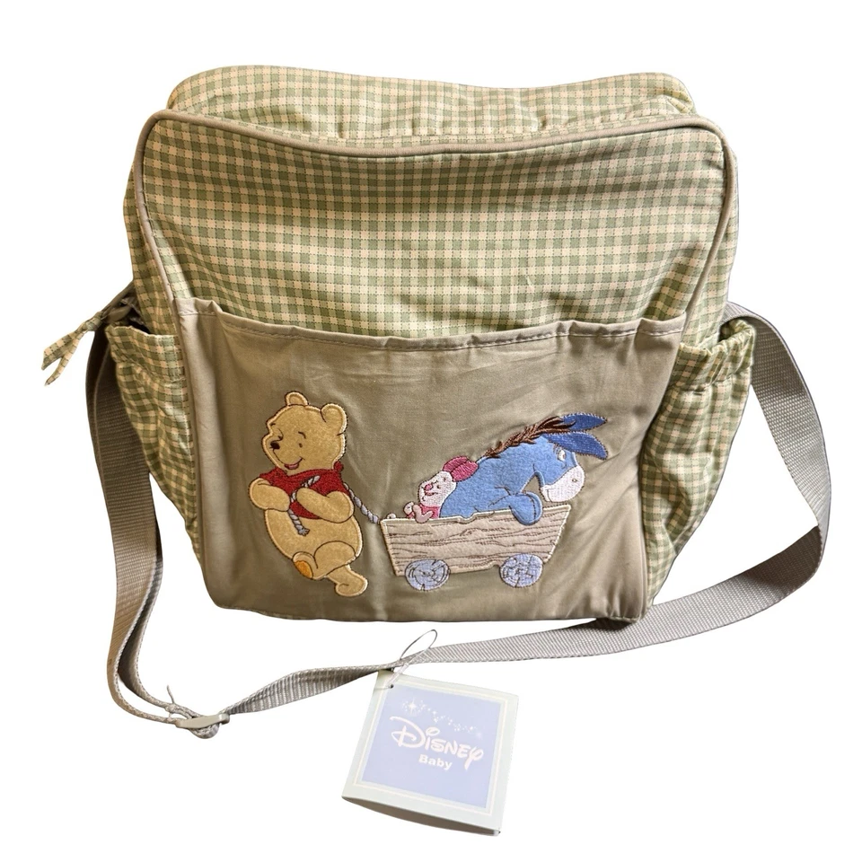 Bolsa de Fraldas Disney Baby Winnie the Pooh Verde Gingham Nova Com Etiqueta Leitão Vintage Eeyore - Imagem 1 de 4