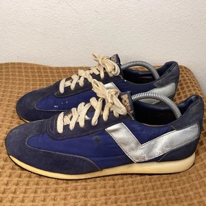 Vintage 70er Jahre Pony Nylon Wildleder Turnschuhe Schuhe Herren Gr. 10 Marineblau Retro Läufer - Bild 1 von 11