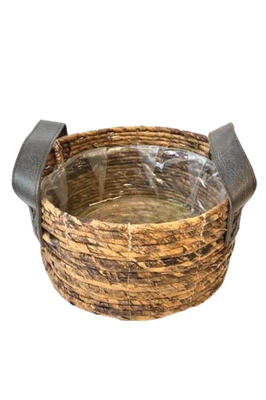 Rustic Farmhouse Woven Round Basket 11x5in with Faux Leather Handles Pre-owned - Image 1 of 4