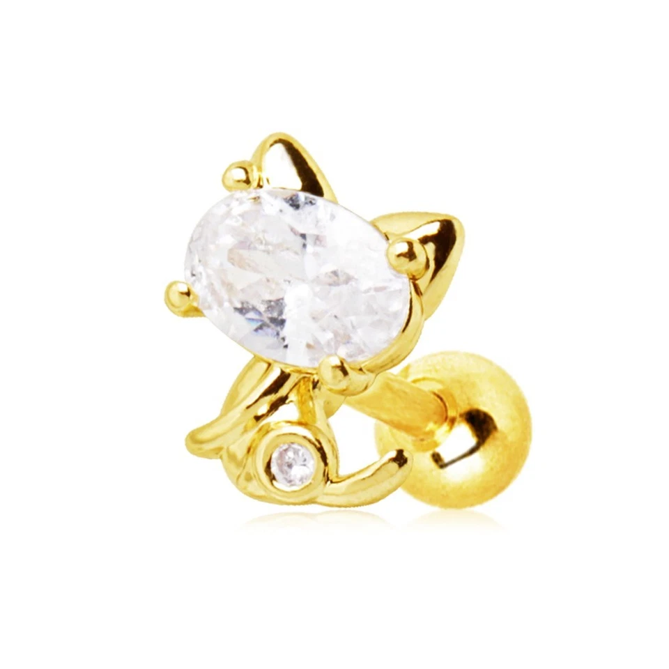 Gold Plated Jeweled Kitty Cat Cartilage Earring - Image 1 of 1