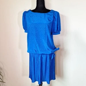 Vtg 80s Blue Dropwaist Puff Sleeve Secretary Dress JUNIOR SIZE 9 Career Party - Picture 1 of 7