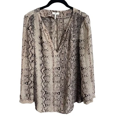 Blusa para mujer Joie cuello en V botones manga 3/4 talla M marrón tostado estampado de serpiente Foto 1 de 4