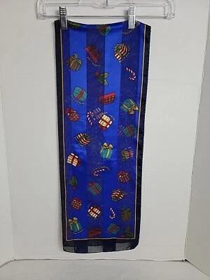 Liz Claiborne Blue Black Gold Happy Holiday Semi Sheer Scarf - Image 1 of 3