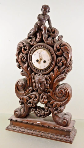 RARE! XXL Wood carved Black forest design Satyr putti 19thc French mantle clock Cover