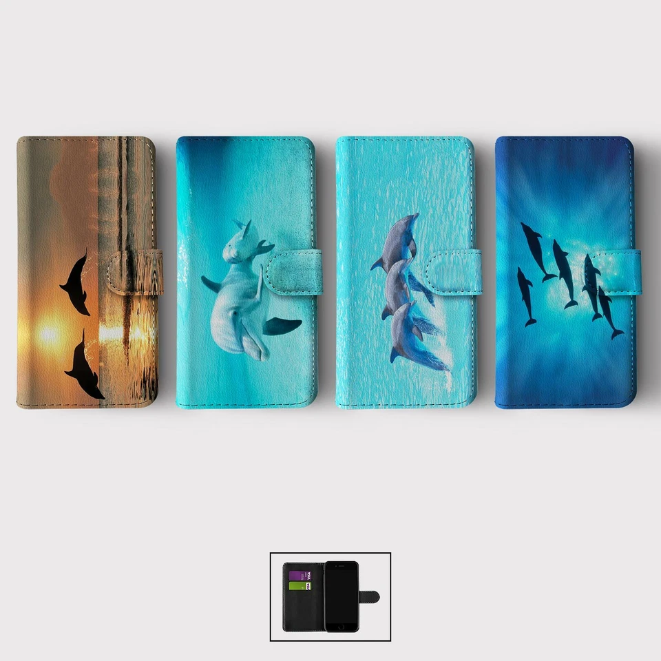 CASE FOR IPHONE 16 16E 15 14 12 12 SE WALLET FLIP PHONE COVER BEAUTIFUL DOLPHINS - Image 1 of 1