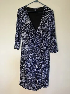 American Living Ralph Lauren Dress 14 Blue Black Faux Wrap Stretch Floral - Picture 1 of 6