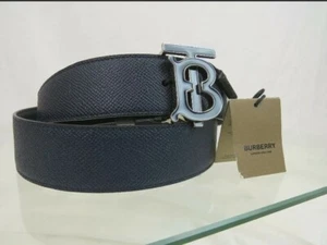 BURBERRY TB NAVY BLUE LEATHER ENAMEL BUCKLE LOGO BELT 90  - Picture 1 of 6