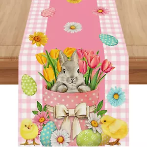 Linen Pink and White Buffalo Check Plaid Easter Table Runner 72 Inches Long East - Picture 1 of 12