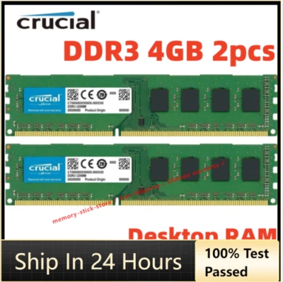 Crucial DDR3 8GB 2x 4GB PC3-12800U Desktop 1600MHz DIMM 240-Pin Memory RAM 4G 8G - Image 1 of 4