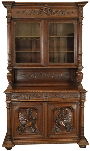 Buffet Hunting Renaissance Antique French 1880 Oak Wood Carved Birds Glass Doors Cover