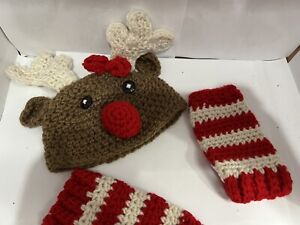 Handmade crochet baby Rudolph beanie hat and leg warmers