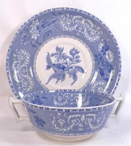 Copeland Spode Camilla Cream Soup Bowl & Saucer Blue Transferware Vintage - Picture 1 of 6