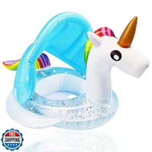 Unicorn Baby Swimming Pool Float with Canopy, Glitters, Safety Seat and Handl - Zdjęcie 1 z 5