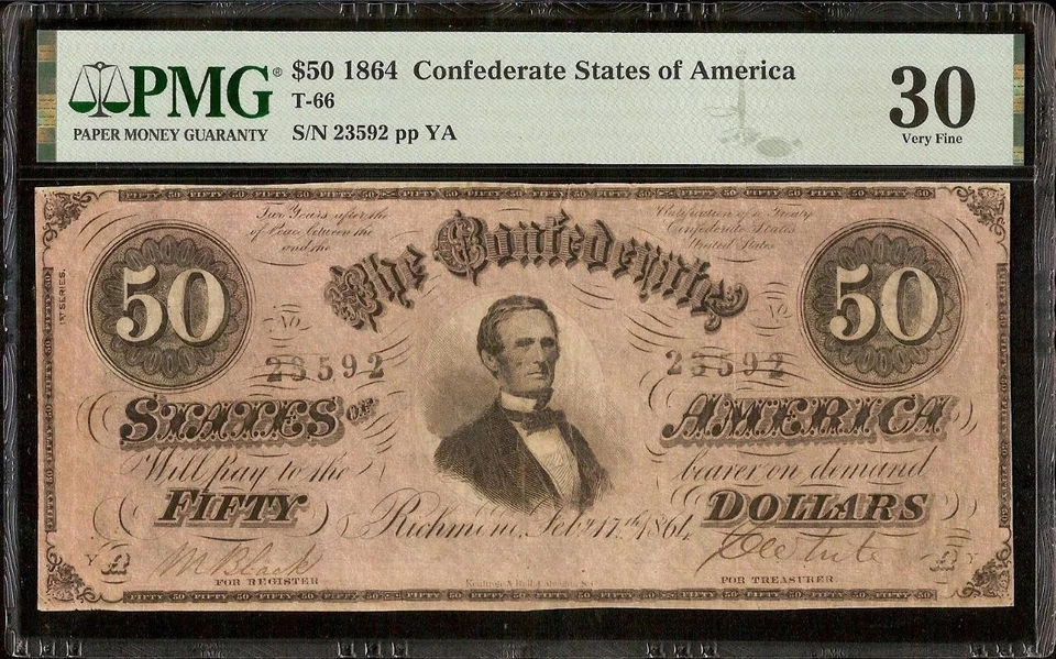 1864 $50 BILL CONFEDERATE STATES NOTE CIVIL WAR MONEY BLACK & WHITE T-66 PMG 30 - Image 1 of 3