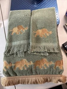 L9-Avanti Vintage Safari Elephant Embroidered, Fringe Edge Green & Gold  3 Piece - Picture 1 of 5
