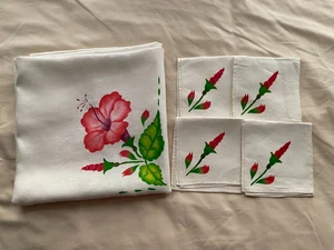 Vintage Hibiscus Floral Cotton Farmhouse Country Tablecloth 38"x40" w/4 Napkins - Picture 1 of 10
