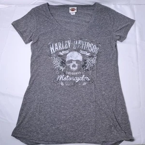 Harley-Davidson Damen Skull Strass Top Motorrad Grafik Grau XL Flügel - Bild 1 von 14