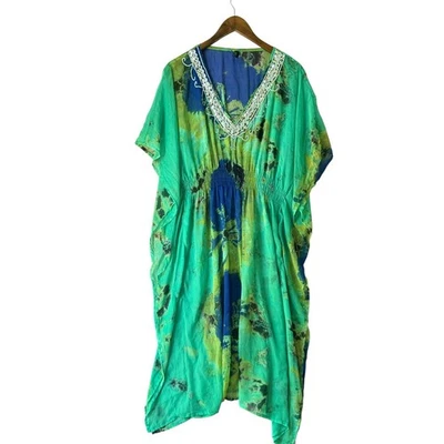 Vestido túnica Cynthia Rowley S/M caftán verde azul estampado abstracto adornado Foto 1 de 4