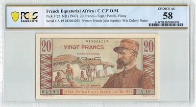 FRENCH EQUATORIAL AFRICA 20 Francs 1947, P-22, PCGS 58 Choice About UNC, Rare - Image 1 of 2