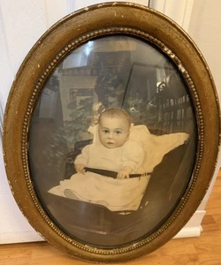 Antiker Foto Baby Junge Kuppel Blase Glas Bilderrahmen konvex Holzrahmen - Bild 1 von 11