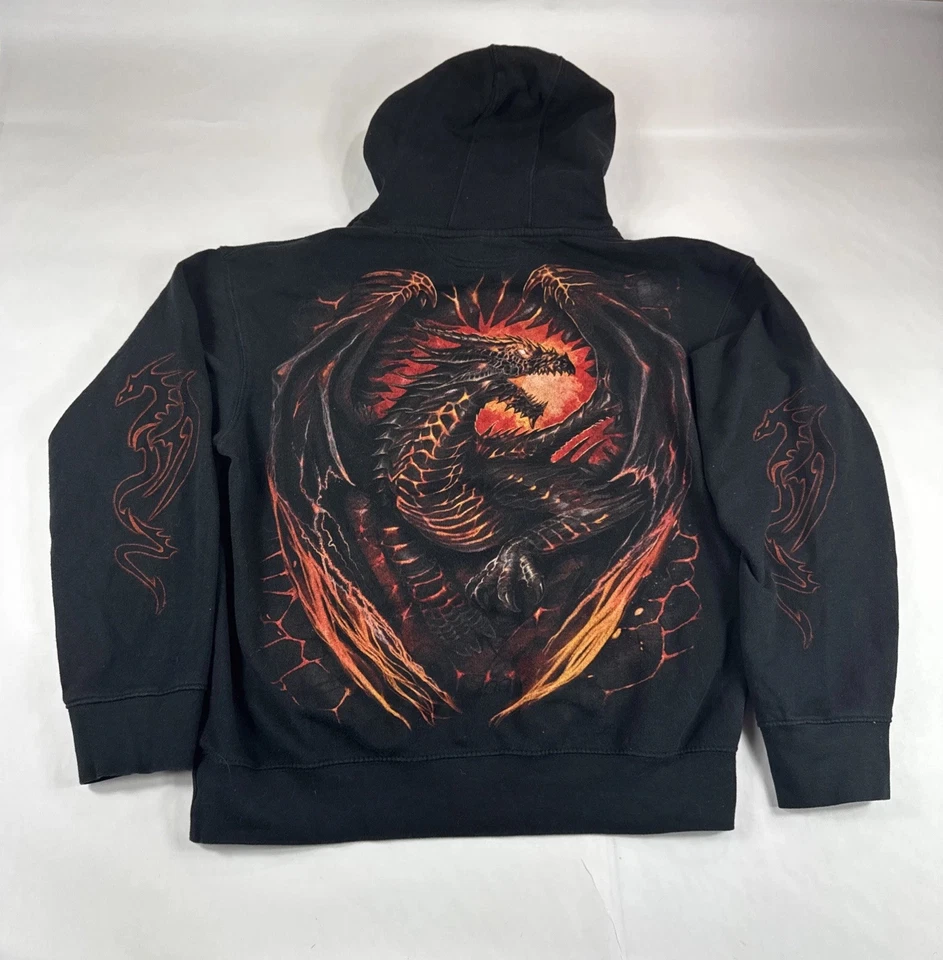 Spriral Dragon Hoodie Mens L Black 90S Flames Y2K Cyber Punk Goth Sweatshirt Vtg - Image 1 of 4